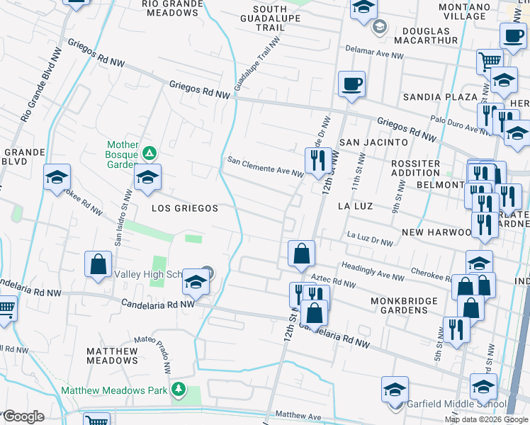 map of restaurants, bars, coffee shops, grocery stores, and more near 1317 Arcadian Trail Northwest in Albuquerque