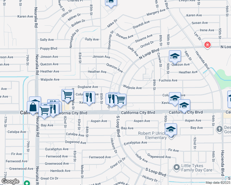 map of restaurants, bars, coffee shops, grocery stores, and more near 8667 North Loop Boulevard in California City