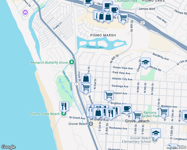 map of restaurants, bars, coffee shops, grocery stores, and more near 176 Park View Avenue in Grover Beach