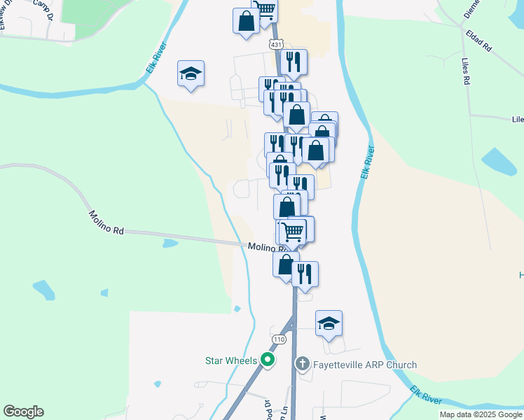 map of restaurants, bars, coffee shops, grocery stores, and more near 9 Molino Road in Fayetteville