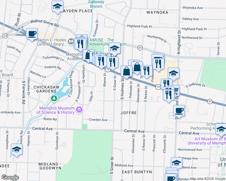 map of restaurants, bars, coffee shops, grocery stores, and more near 124 Marne Street in Memphis