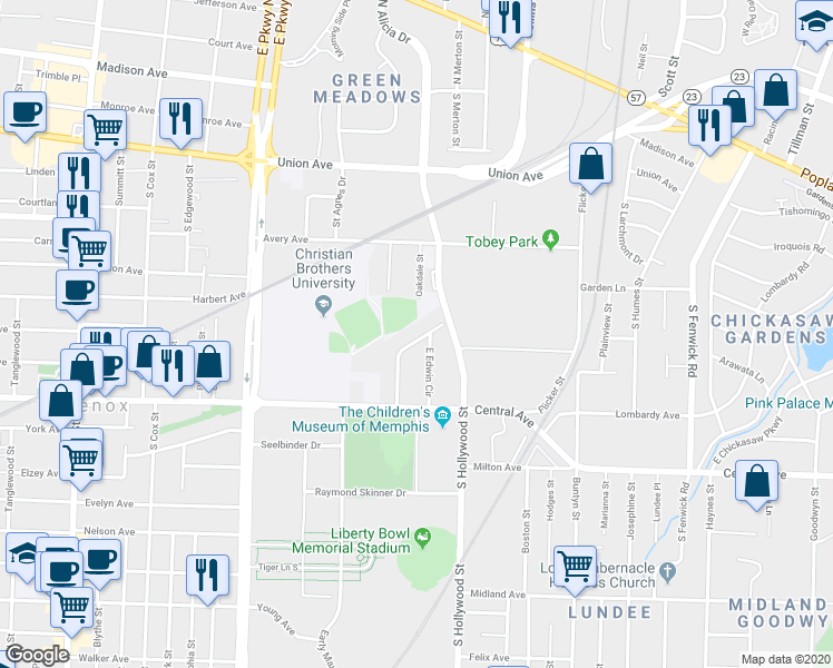 map of restaurants, bars, coffee shops, grocery stores, and more near 2532 North Edwin Circle in Memphis