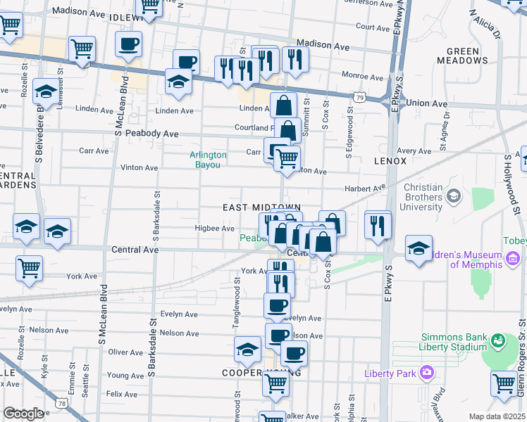 map of restaurants, bars, coffee shops, grocery stores, and more near 639 Cooper Street in Memphis