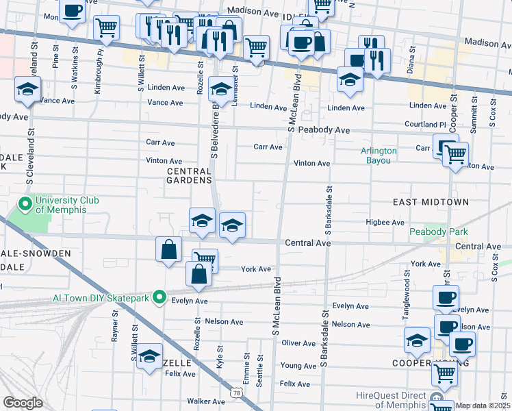 map of restaurants, bars, coffee shops, grocery stores, and more near 643 Anderson Street in Memphis