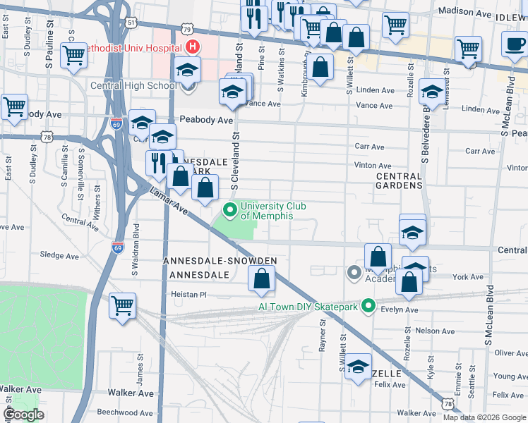 map of restaurants, bars, coffee shops, grocery stores, and more near 1409 Goodbar Avenue in Memphis