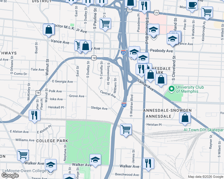 map of restaurants, bars, coffee shops, grocery stores, and more near 689 Withers Street in Memphis