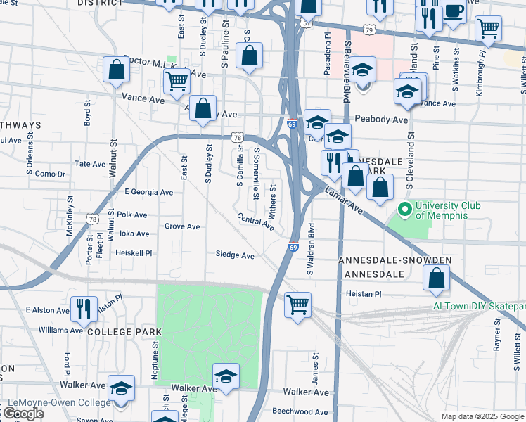 map of restaurants, bars, coffee shops, grocery stores, and more near 689 Withers Street in Memphis
