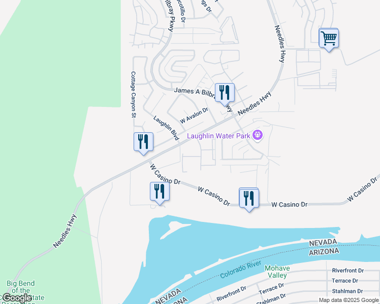 map of restaurants, bars, coffee shops, grocery stores, and more near 3781 Desert Marina Drive in Laughlin