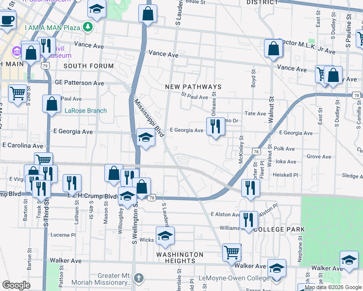 map of restaurants, bars, coffee shops, grocery stores, and more near 690 Mississippi Boulevard in Memphis