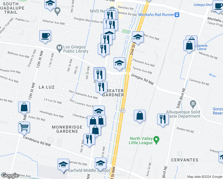 map of restaurants, bars, coffee shops, grocery stores, and more near 4464 3rd Street Northwest in Albuquerque