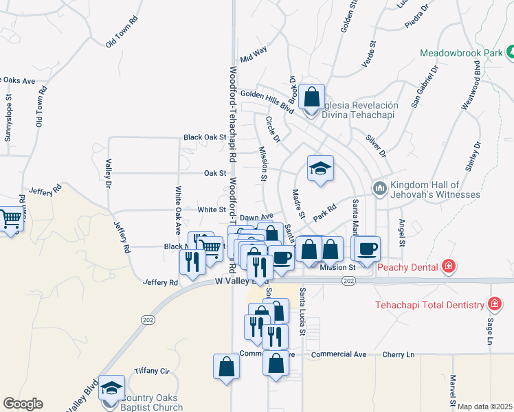 map of restaurants, bars, coffee shops, grocery stores, and more near 20410 Steeple Court in Tehachapi