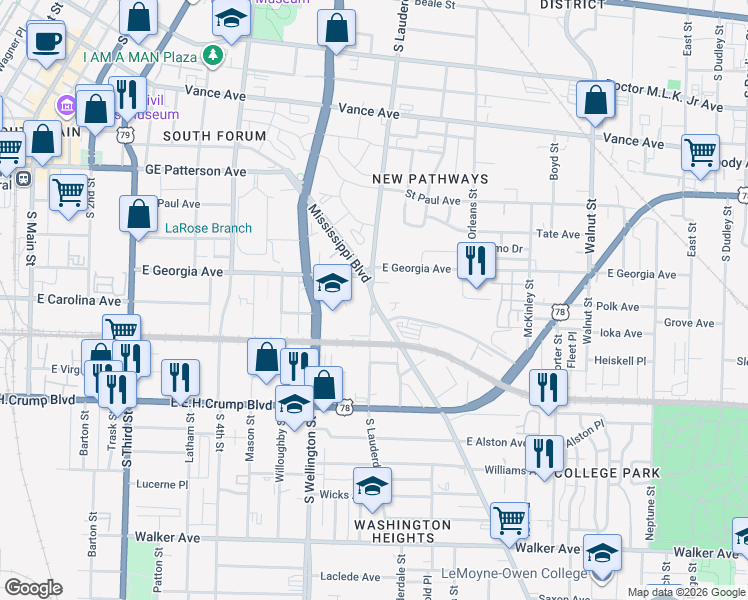 map of restaurants, bars, coffee shops, grocery stores, and more near 690 Mississippi Boulevard in Memphis