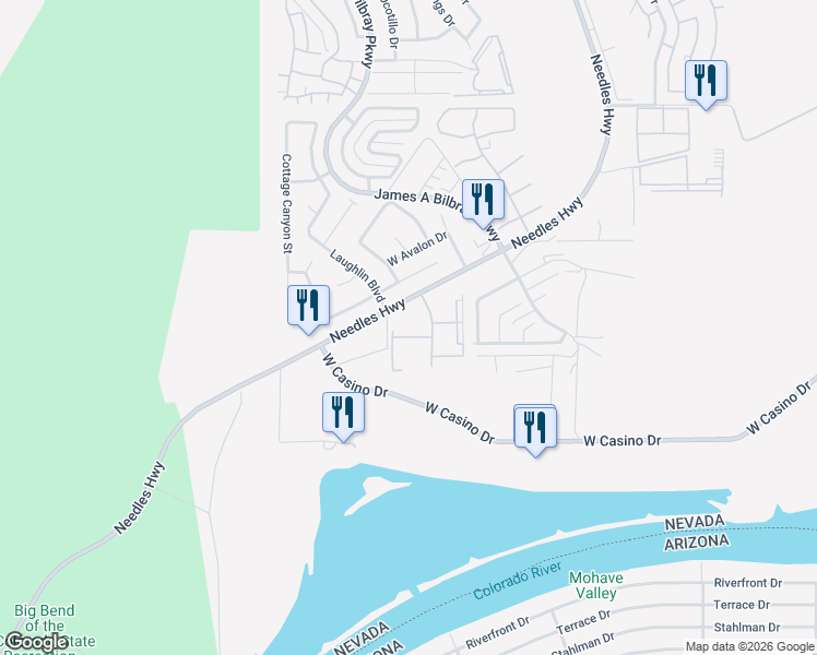 map of restaurants, bars, coffee shops, grocery stores, and more near 3781 Desert Marina Drive in Laughlin