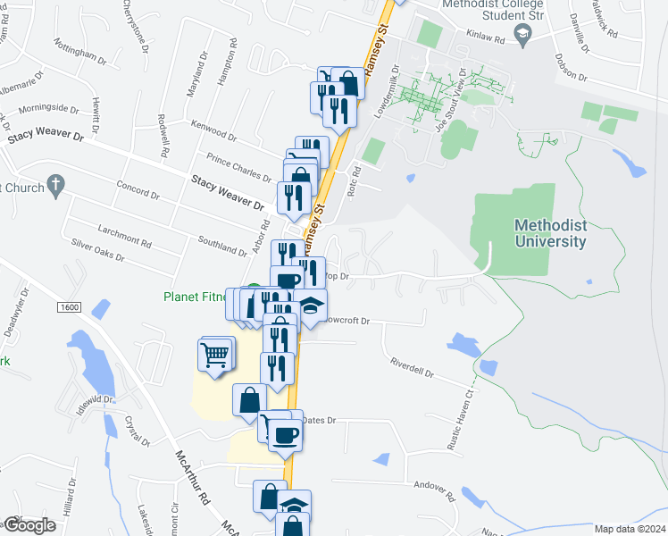 map of restaurants, bars, coffee shops, grocery stores, and more near 5105 Surf Scooter Drive in Fayetteville