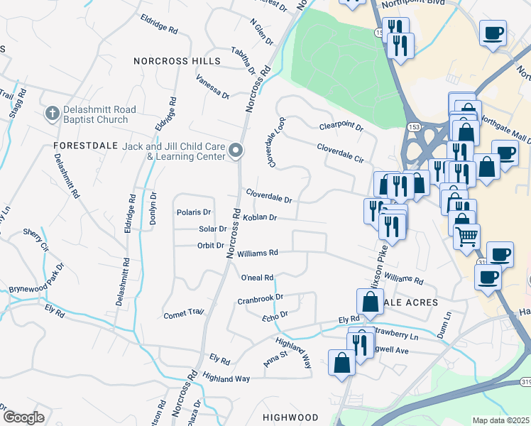 map of restaurants, bars, coffee shops, grocery stores, and more near 1317 Koblan Drive in Chattanooga