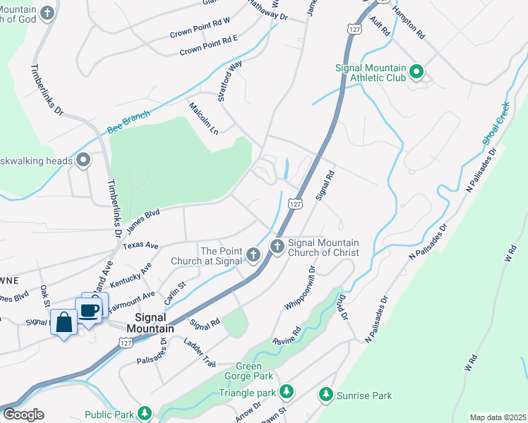 map of restaurants, bars, coffee shops, grocery stores, and more near 308 Laurel Street in Signal Mountain