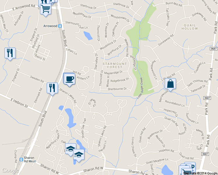 map of restaurants, bars, coffee shops, grocery stores, and more near 7148 Sherbourne Drive in Charlotte