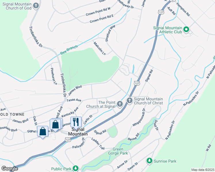 map of restaurants, bars, coffee shops, grocery stores, and more near 922 James Boulevard in Signal Mountain