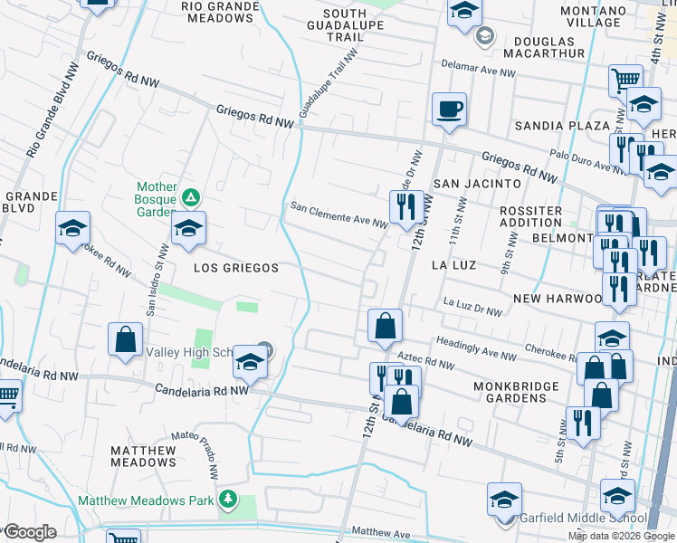 map of restaurants, bars, coffee shops, grocery stores, and more near 1317 Arcadian Trail Northwest in Albuquerque