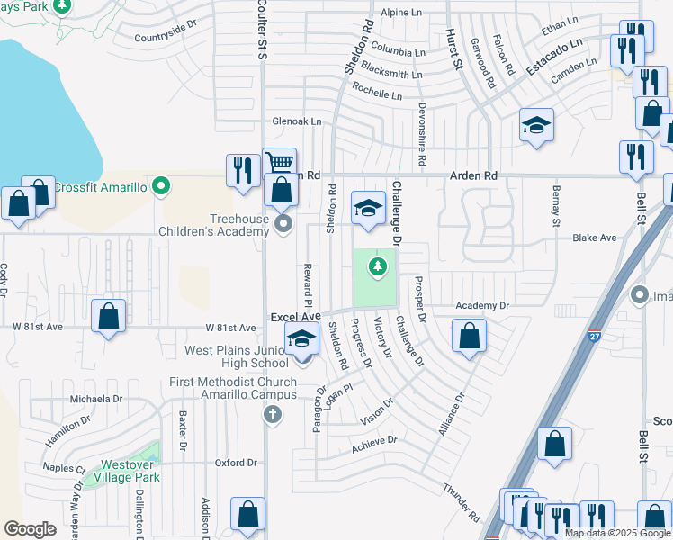map of restaurants, bars, coffee shops, grocery stores, and more near 7901 Sheldon Road in Amarillo