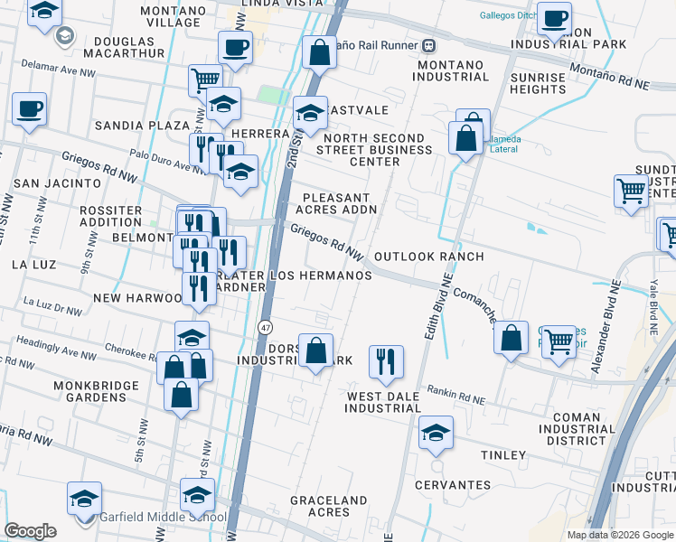 map of restaurants, bars, coffee shops, grocery stores, and more near 4611 Carlton Street Northwest in Albuquerque