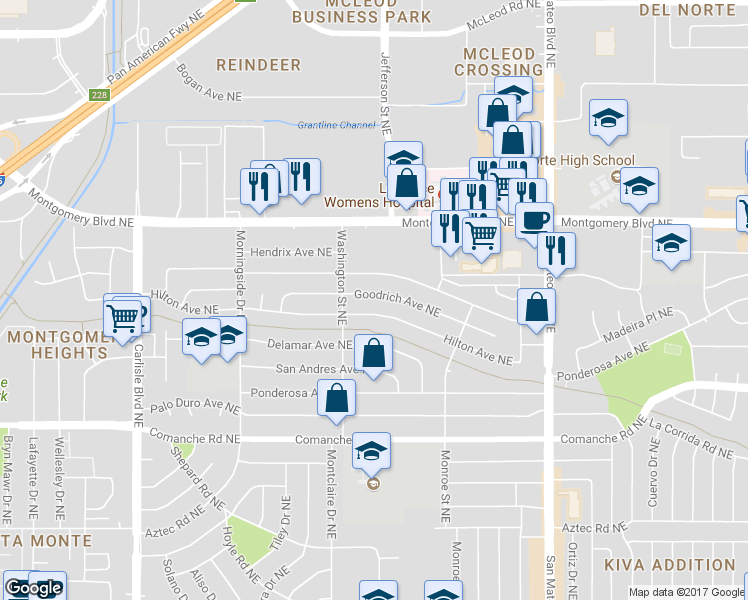 map of restaurants, bars, coffee shops, grocery stores, and more near 4420 Goodrich Avenue Northeast in Albuquerque