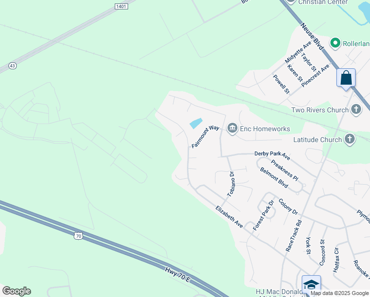 map of restaurants, bars, coffee shops, grocery stores, and more near 4205 Elizabeth Avenue in New Bern
