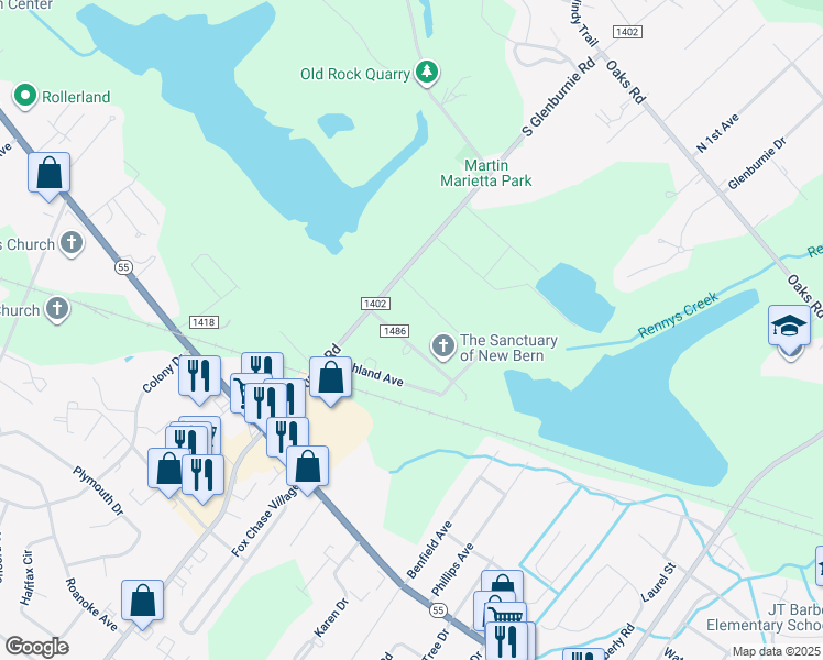 map of restaurants, bars, coffee shops, grocery stores, and more near 2818 Oakland Avenue in New Bern