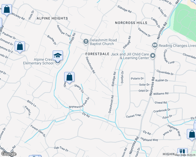 map of restaurants, bars, coffee shops, grocery stores, and more near 4600 Delashmitt Road in Chattanooga