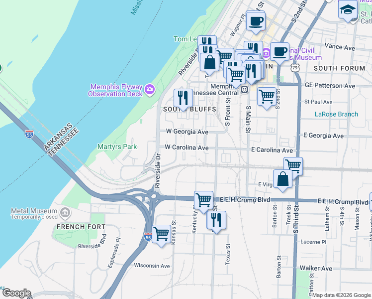 map of restaurants, bars, coffee shops, grocery stores, and more near 78 West Carolina Avenue in Memphis