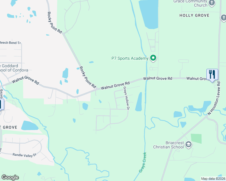 map of restaurants, bars, coffee shops, grocery stores, and more near 9600 Grays Meadow Drive in Shelby County