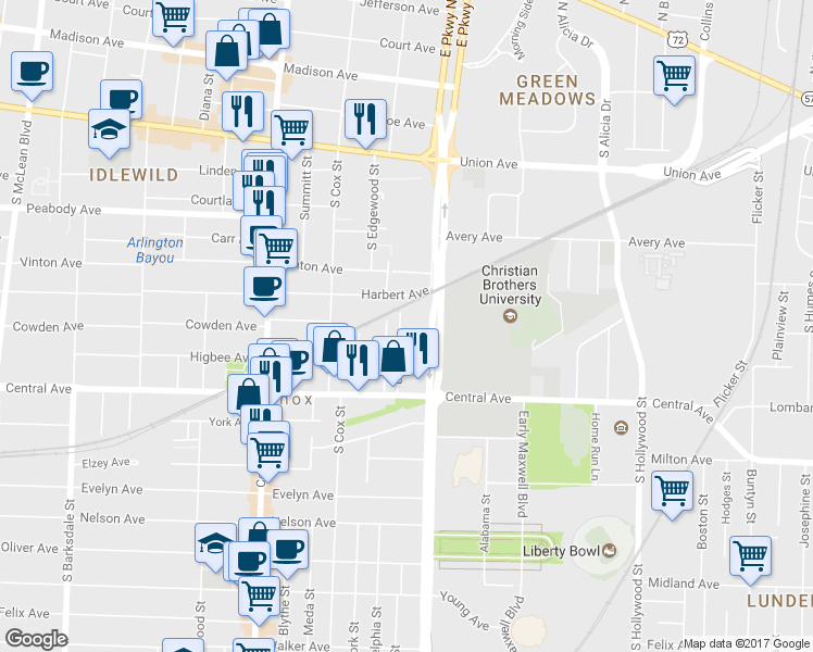 map of restaurants, bars, coffee shops, grocery stores, and more near 620 Landis Street in Memphis