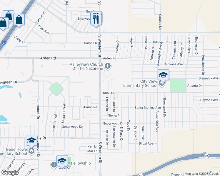 map of restaurants, bars, coffee shops, grocery stores, and more near 7633 South Western Street in Amarillo