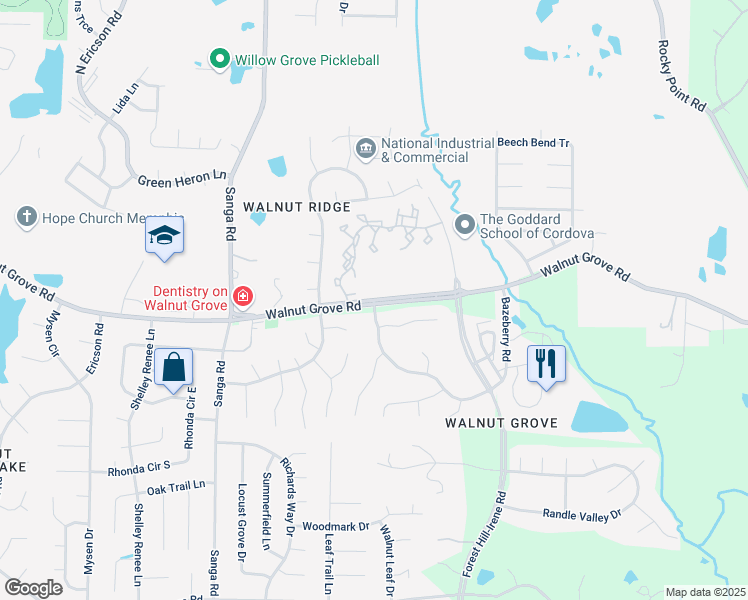 map of restaurants, bars, coffee shops, grocery stores, and more near 8960 Walnut Grove Road in Memphis