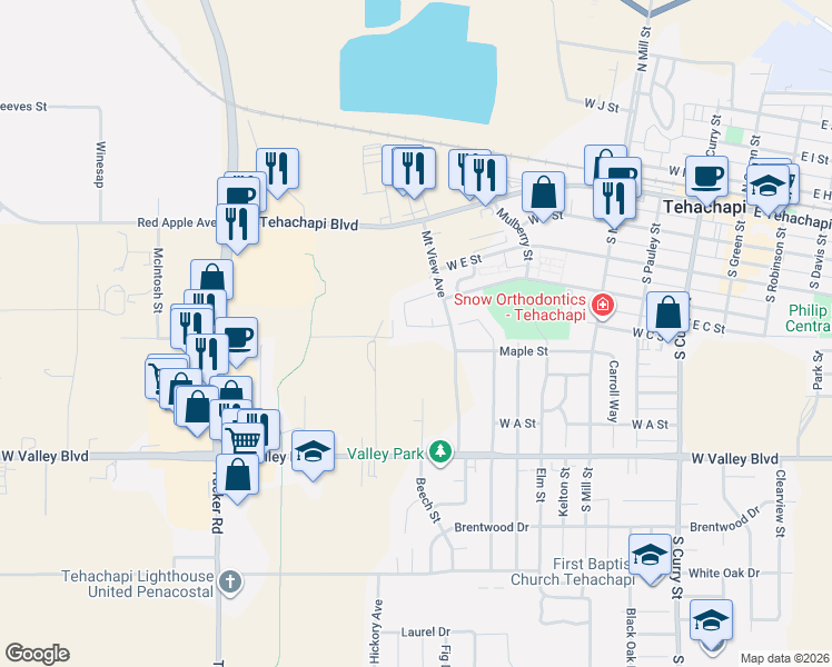 map of restaurants, bars, coffee shops, grocery stores, and more near 712 Silver Oak Drive in Tehachapi