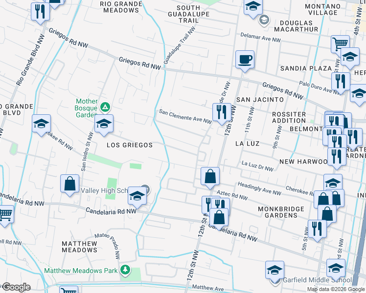 map of restaurants, bars, coffee shops, grocery stores, and more near 1337 Van Cleave Road Northwest in Albuquerque