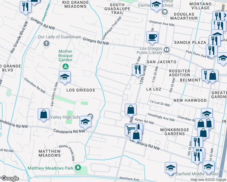 map of restaurants, bars, coffee shops, grocery stores, and more near 1337 Van Cleave Road Northwest in Albuquerque