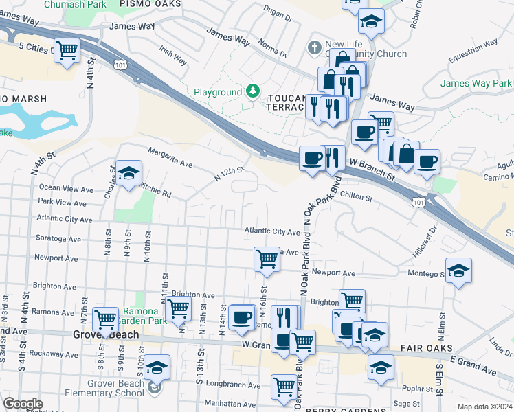 map of restaurants, bars, coffee shops, grocery stores, and more near 1568 Cabrillo Court in Grover Beach