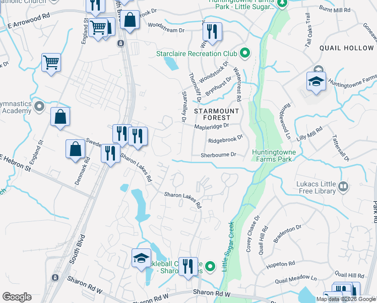 map of restaurants, bars, coffee shops, grocery stores, and more near 7527 Starvalley Drive in Charlotte