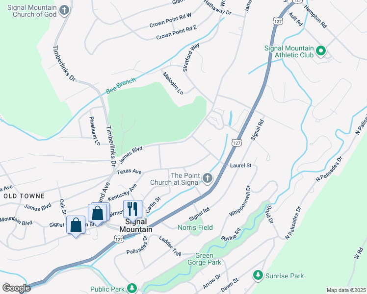 map of restaurants, bars, coffee shops, grocery stores, and more near 922 James Boulevard in Signal Mountain