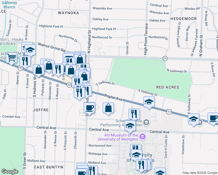 map of restaurants, bars, coffee shops, grocery stores, and more near 3615 South Galloway Drive in Memphis