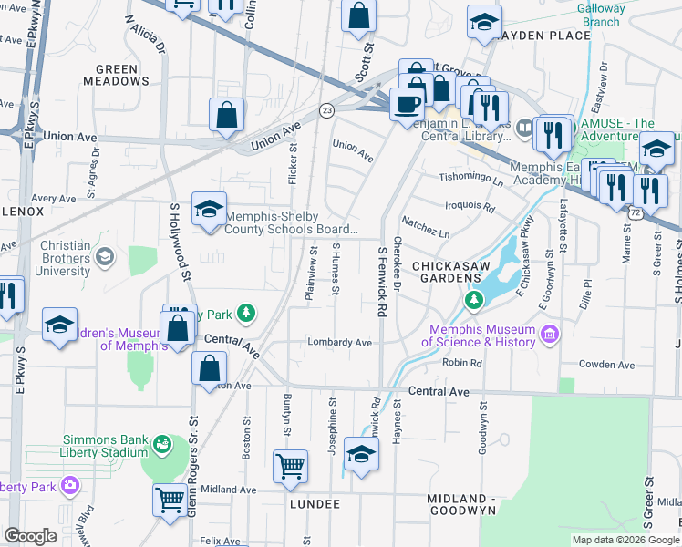 map of restaurants, bars, coffee shops, grocery stores, and more near 131 Barnett Place in Memphis