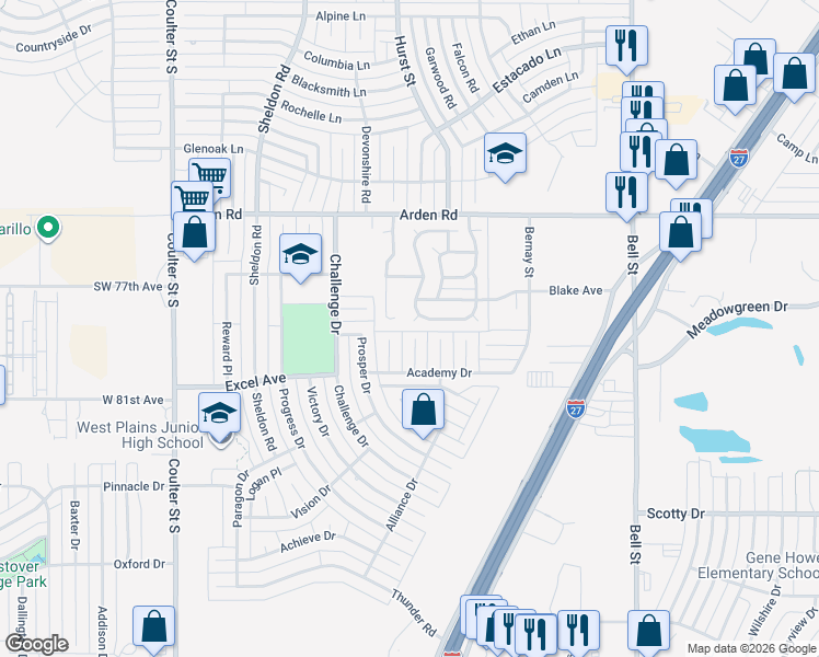 map of restaurants, bars, coffee shops, grocery stores, and more near 7901 Success Place in Amarillo