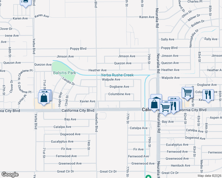 map of restaurants, bars, coffee shops, grocery stores, and more near 7604 Dogbane Avenue in California City