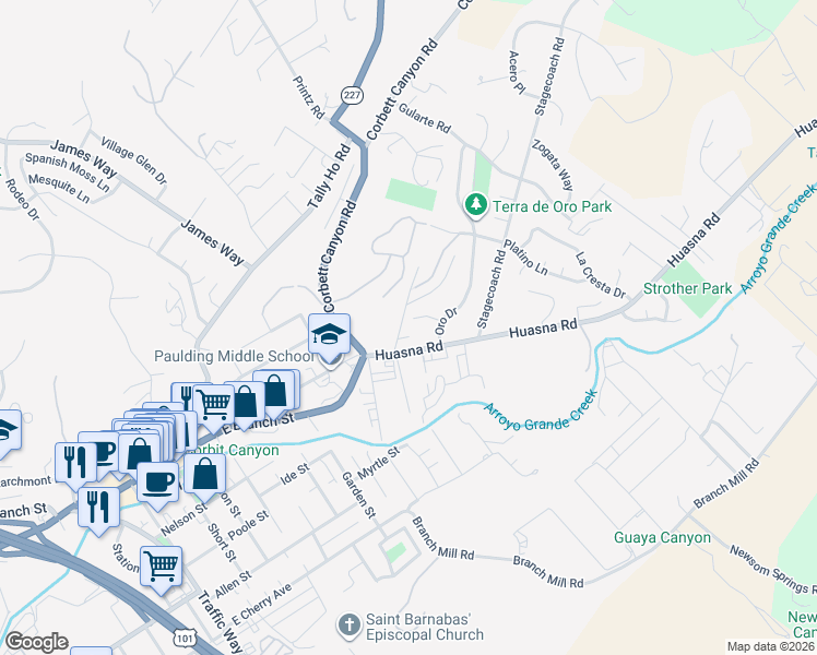 map of restaurants, bars, coffee shops, grocery stores, and more near 800 Plata Road in Arroyo Grande