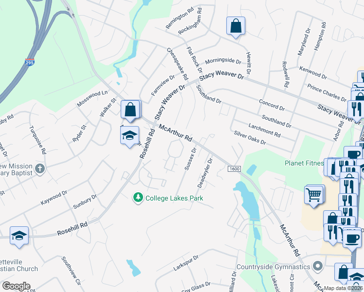 map of restaurants, bars, coffee shops, grocery stores, and more near 2500 McArthur Landing Circle in Fayetteville