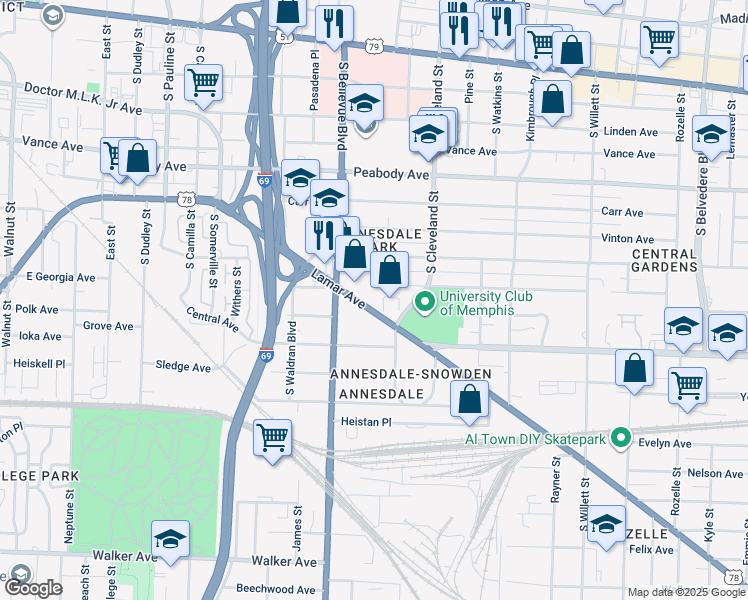 map of restaurants, bars, coffee shops, grocery stores, and more near 1270 Lamar Avenue in Memphis