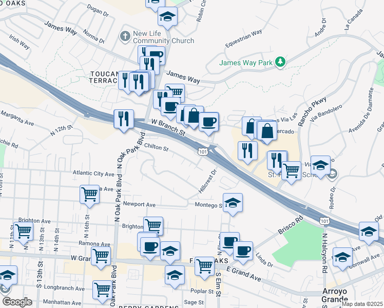 map of restaurants, bars, coffee shops, grocery stores, and more near 1475 El Camino Real in Arroyo Grande