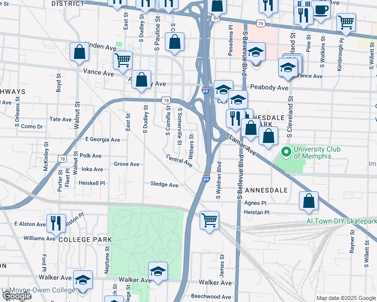 map of restaurants, bars, coffee shops, grocery stores, and more near 689 Withers Street in Memphis