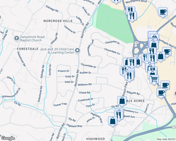 map of restaurants, bars, coffee shops, grocery stores, and more near 1317 Koblan Drive in Chattanooga